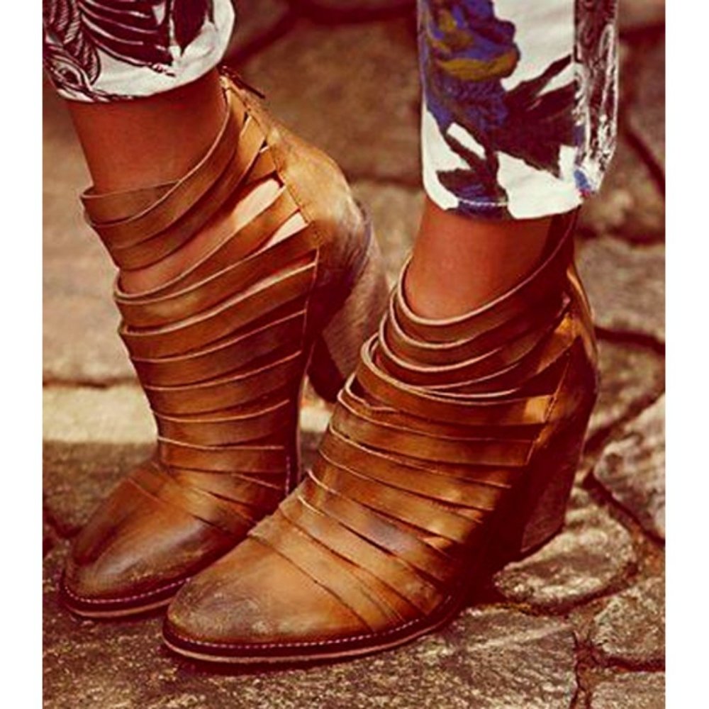 NEW Free People Hybrid Heel Boots Terracotta Tan Destroyed Leather Ankle Booties - Picture 3 of 12